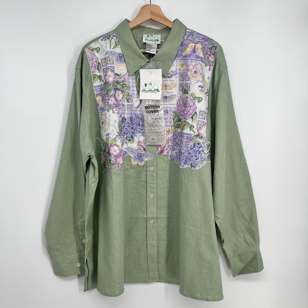 The Quacker Factory Blouse Top Womens 3X Linen Blend Flowers Butterfly Green NWT